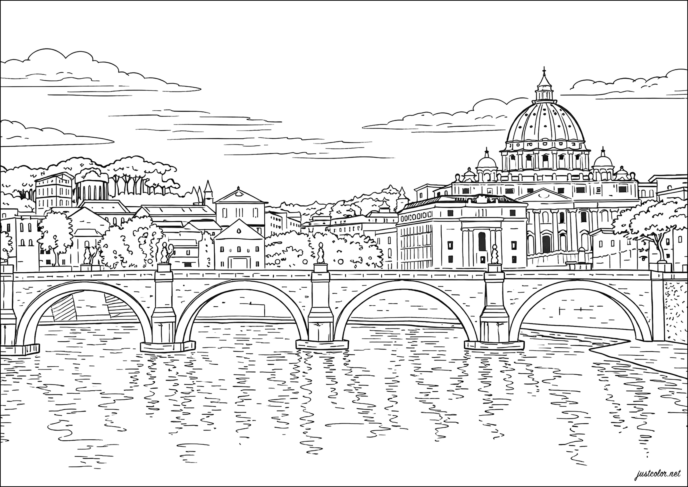 The Tiber and St Peter's Basilica seen from the Sant'Angelo bridge (Printable Countries, Cities and Monuments Coloring Page for adults)