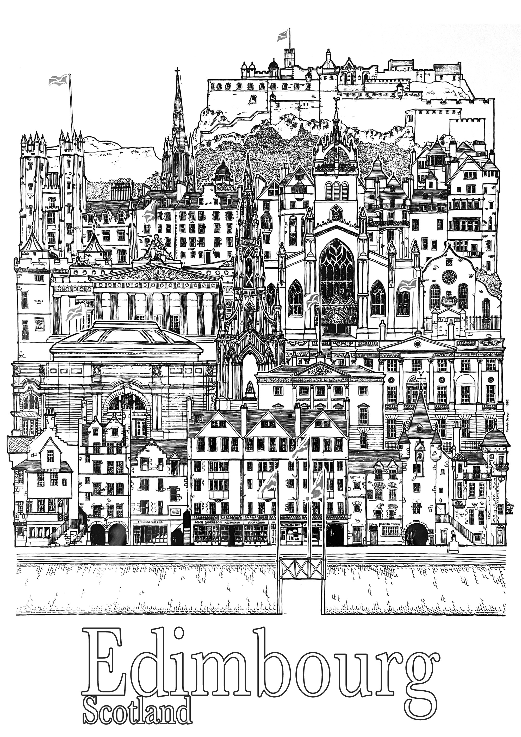 The city of Edinburgh, Scotland (United Kingdom). This coloring page features the main monuments and landmarks of Edinburgh, Scotland (UK): Edinburgh Castle, Palace of Holyrood, Arthur's Seat, St. Giles Cathedral, Royal Mile, The Scott Monument, Calton Hill, National Monument, Nelson Monument, Greyfriars Kirkyard, National Museum of Scotland, Scottish Parliament.