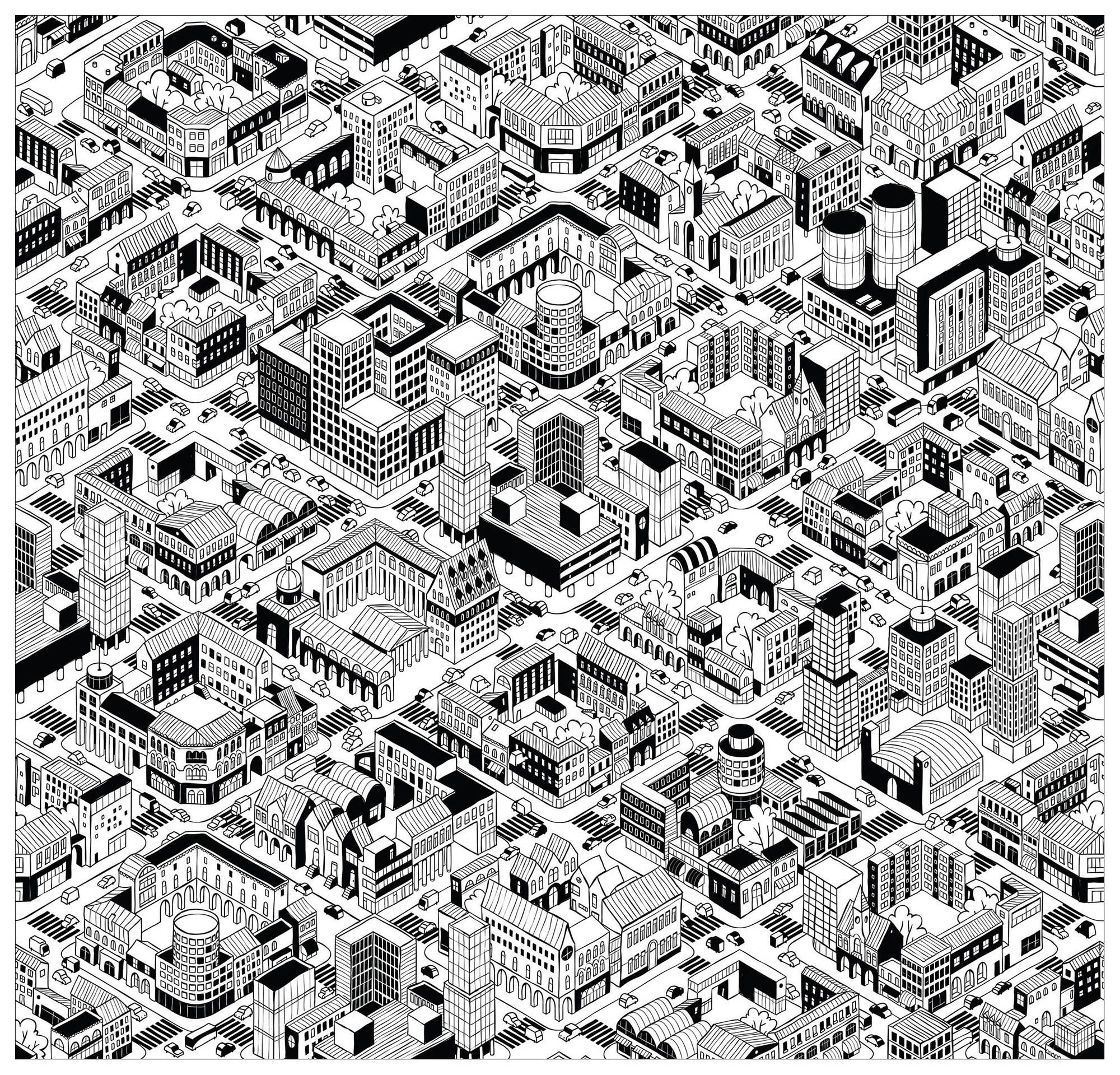 Color this city that seems to have been created in the Video game Sim City ! Incredible buildings : all different and unique, Source : 123rf   Artist : Ivook