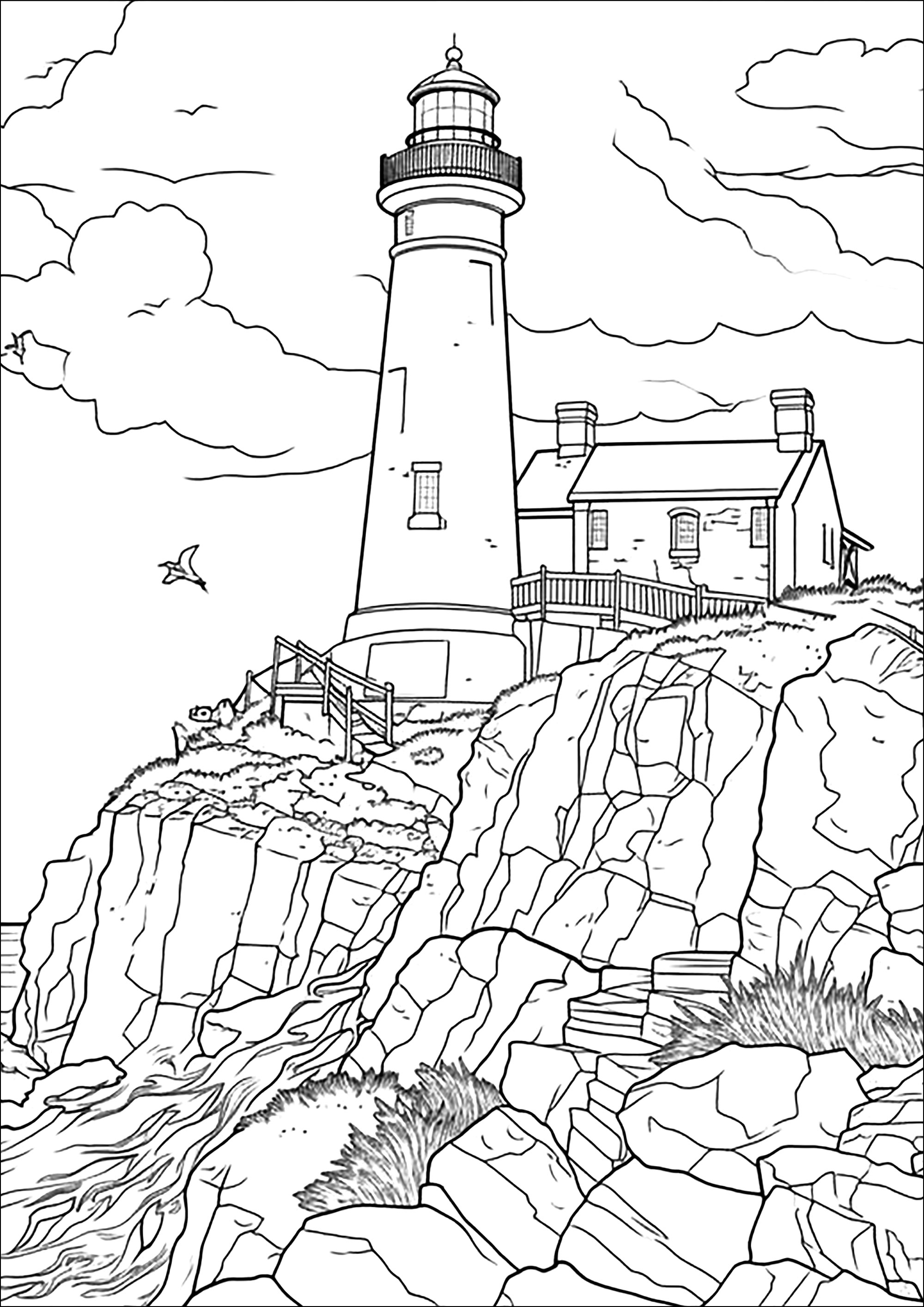 Lighthouse on a cliff. Realistic coloring page