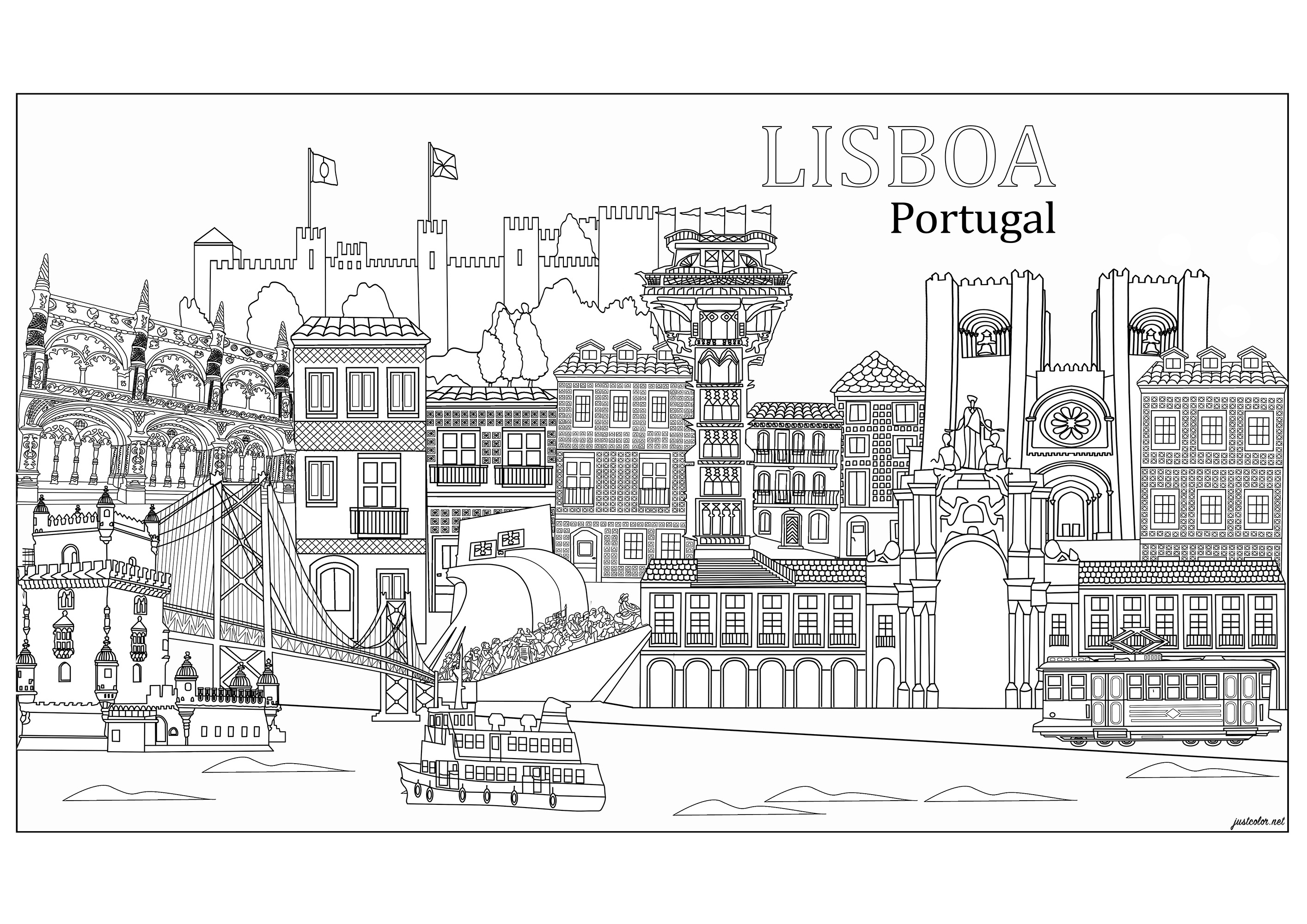 Main monuments in Lisbon, Portugal. This coloring page features São Jorge castle, Lisbon cathedral, Santa Justa elevator, Rossio square, Augusta street arch, Hieronymite monastery, Belém tower, Monument to the Discoveries .., Artist : Morgan