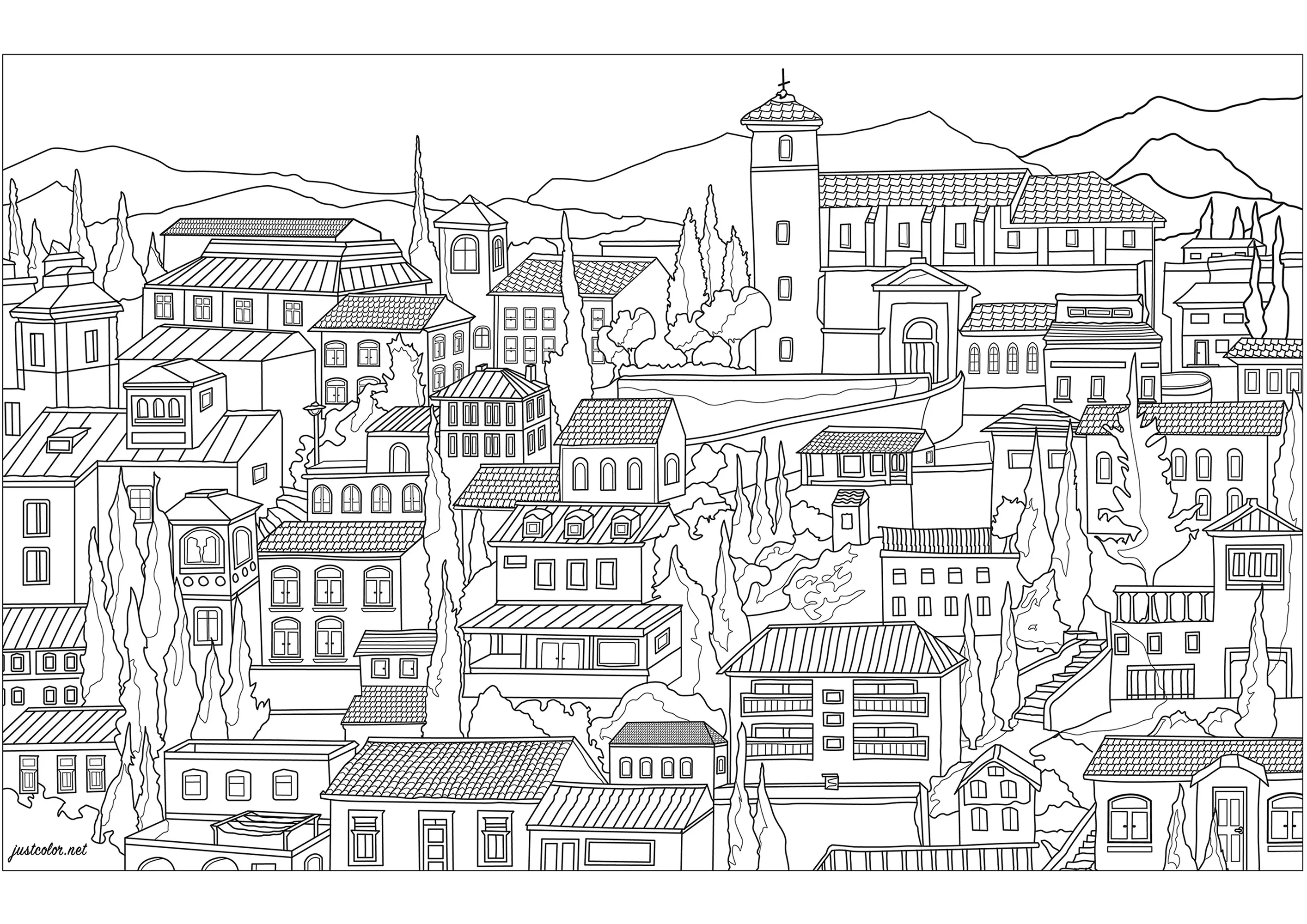 Vieux-Lyon (Lyon, France), seen from Fourvière hill (Printable Architecture, Cities and Houses Coloring Page for adults)