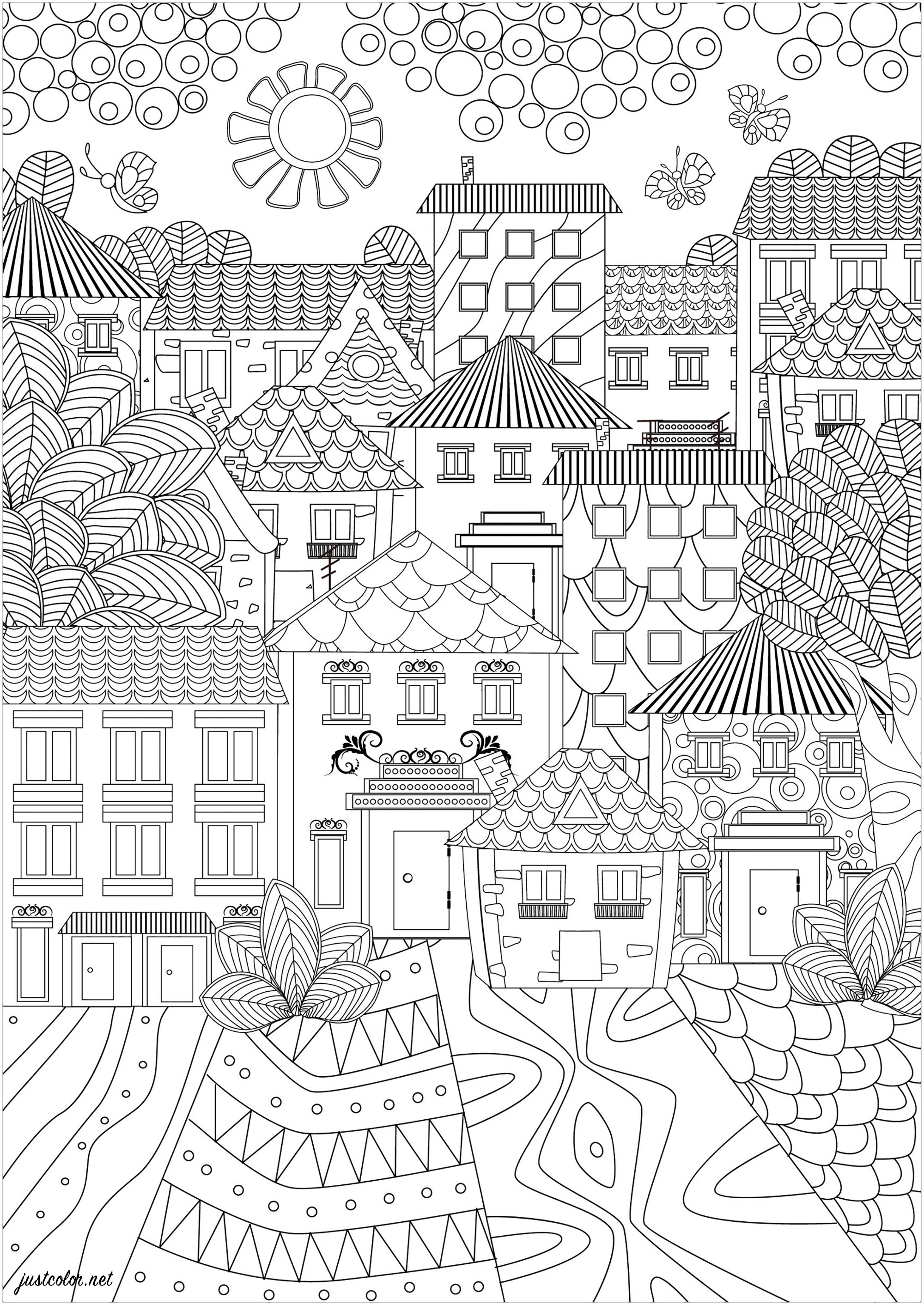 A city of beautiful houses with simple and elegant designs. This coloring page is a very simple and elegant cityscape. It shows a city made up of pretty houses with simple and elegant designs. The roofs are pointed and the windows are small and nicely decorated. The streets are paved with patterns that will be very pleasant to color, Source : 123rf   Artist : Ksym