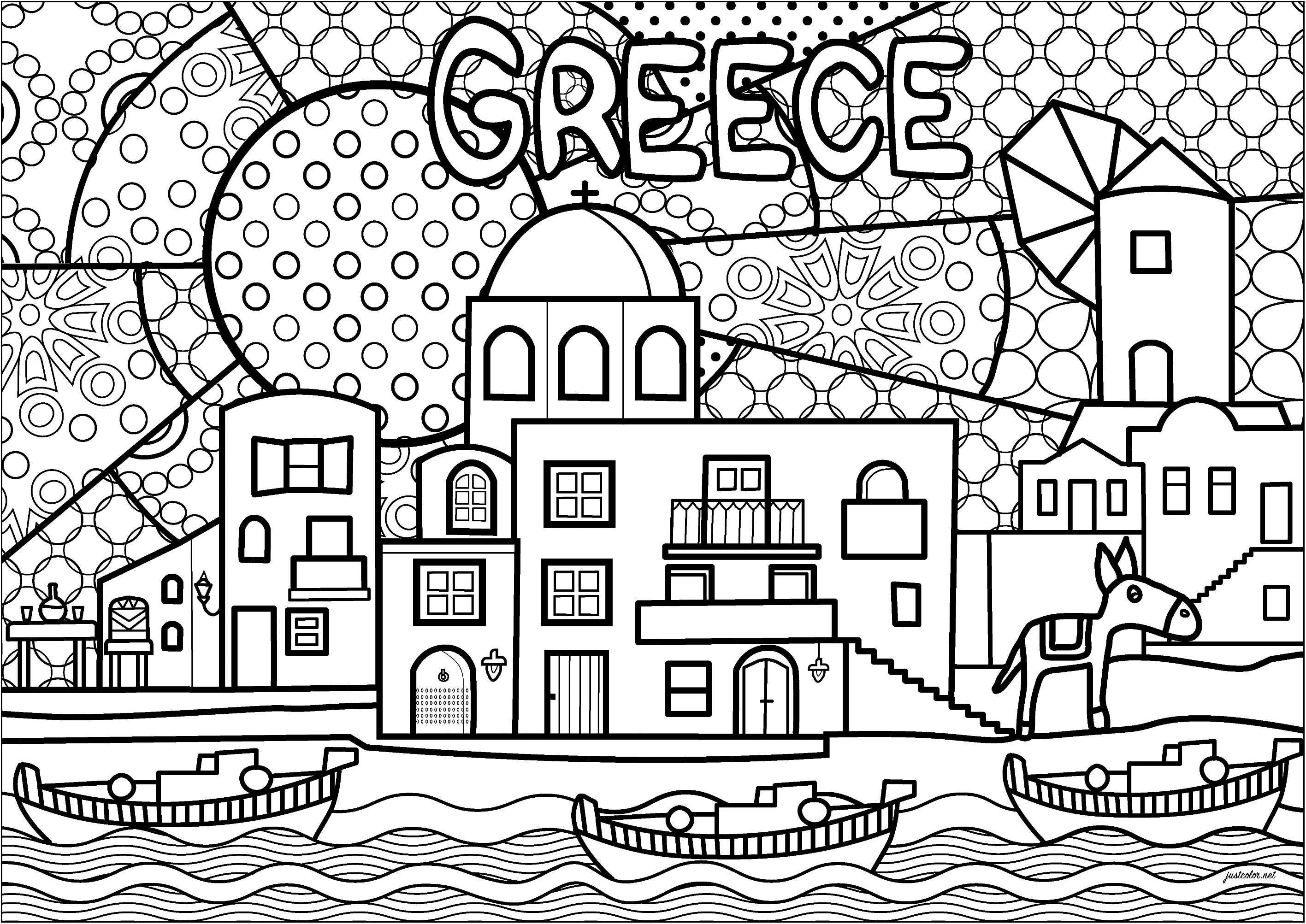 Pretty Greek village with typical architecture. This original coloring book features a mill, village houses, a donkey and boats emerging from the harbor.The background features unique coloring motifs, Artist : Morgan