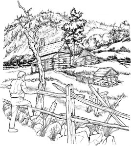 Coloring adult snowy cabins