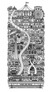 Drawing of a strange and vertical city (Architecture, countries and cities Coloring Page)