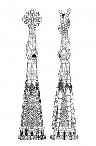Drawing of two towers of the Sagrada Familia : the unfinished Cathedral by Gaudi (Architecture, countries and cities Coloring Page)
