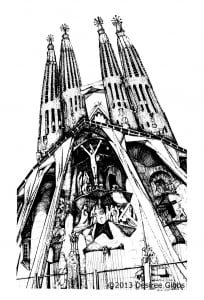 Drawing of the Sagrada familia by Gaudi in Barcelona (Architecture, countries and cities Coloring Page)
