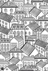 Village : house with beautiful roofs (Architecture, countries and cities Coloring Page)