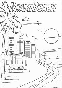 Miam Beach: its buldings, palm trees and beach (Architecture, countries and cities Coloring Page)