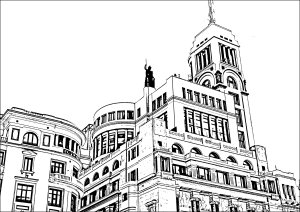 Art Deco building on Gran Via Street, Madrid, Spain (Architecture, Cities and Houses Coloring Page)