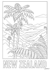 Incredible landscapes of New Zealand (Architecture, countries and cities Coloring Page)
