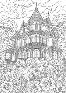 Victorian Manor and its Flower Garden (Countries, cities and architecture Coloring Page)