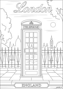 London telephone booth, United Kingdom (Architecture, countries and cities Coloring Page)