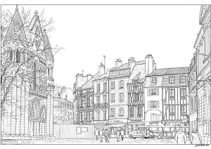 Poitiers, France : Street with the famous Romanesque church of Notre-Dame-la-Grande (Countries, cities and architecture Coloring Page)