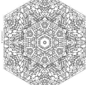 Coloring sheet of a city based on a mandala's pattern (Architecture, countries and cities Coloring Page)