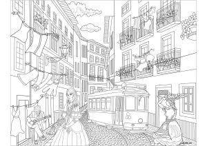 Lisbon alley (Architecture, countries and cities Coloring Page)