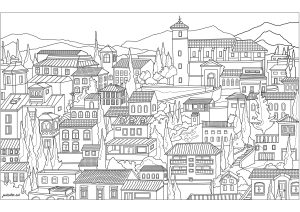 Vieux-Lyon  (Lyon, France), seen from Fourvière hill (Architecture, countries and cities Coloring Page)