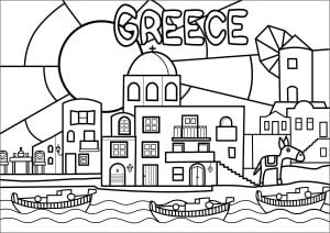 Pretty village in Greece, with typical architecture (simple version) (Architecture, countries and cities Coloring Page)