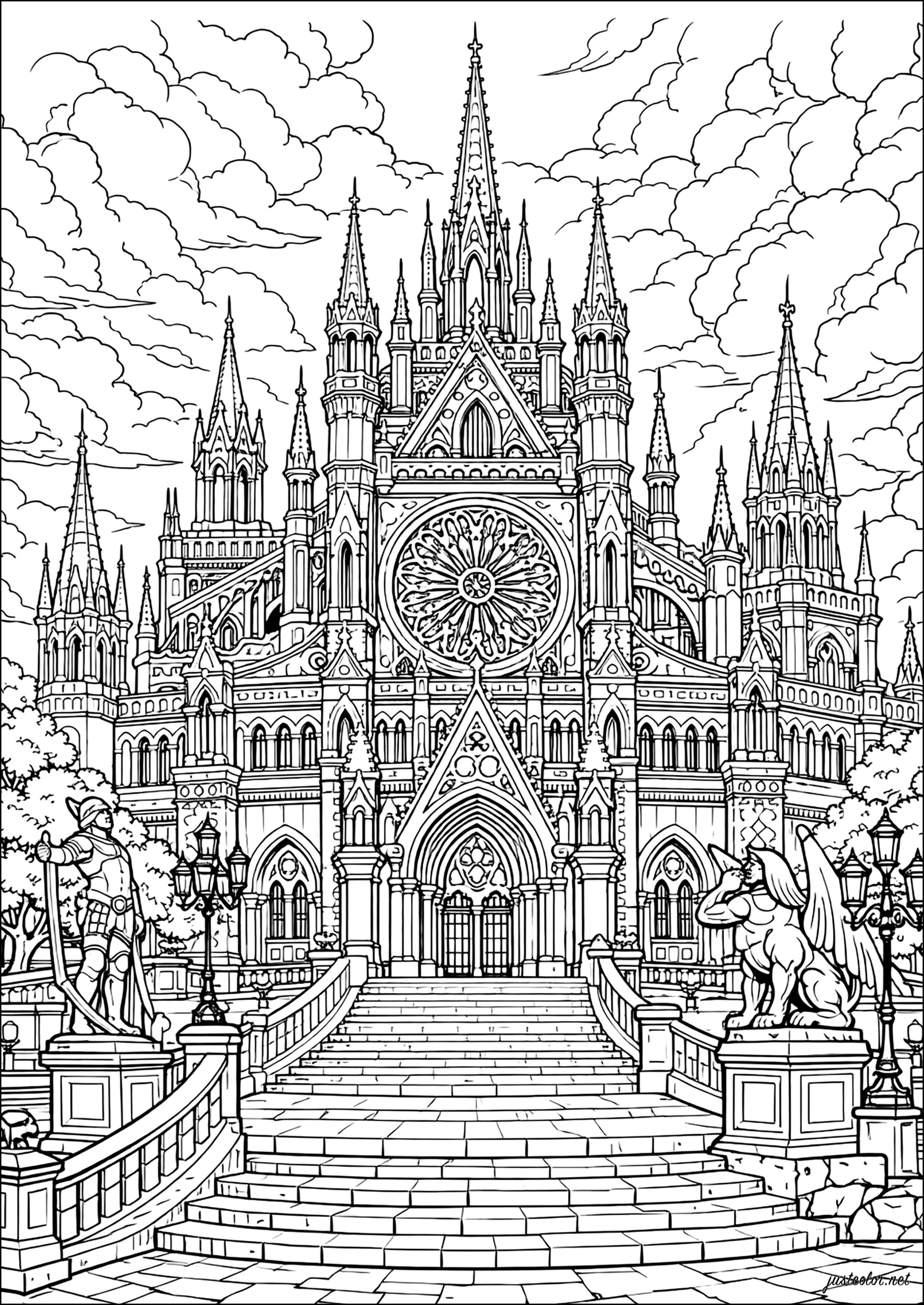 Great Gothic cathedral with majestic towers (Printable Architecture Coloring Page for adults)