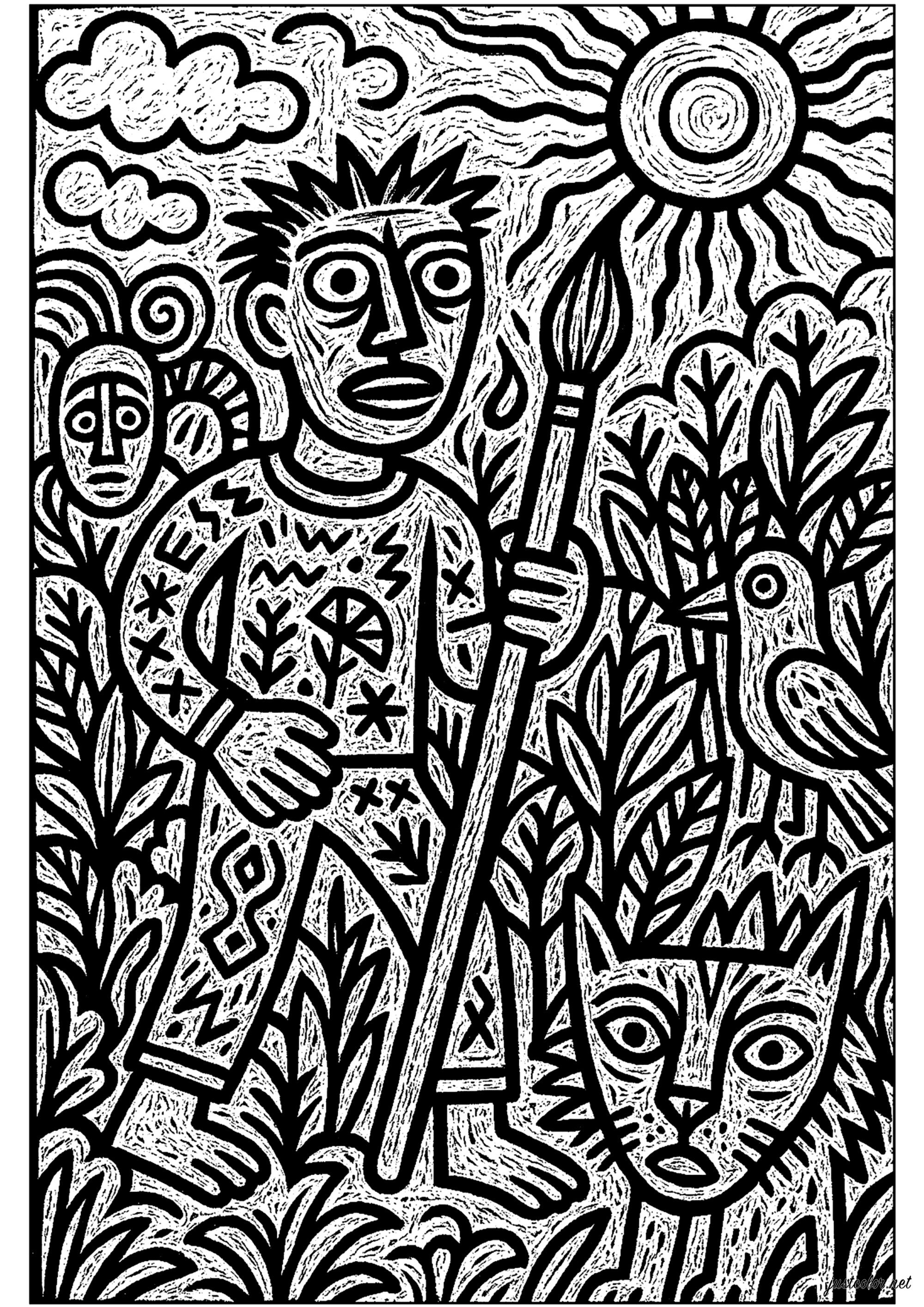 Mystic exploration in the Enchanted Forest (Printable Art Brut Coloring Page for adults)