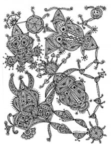 Difficult coloring page for adult, made with a picture by Marc Lamy (Art Brut Coloring Page)