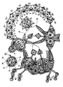 Difficult coloring page for adult, made with a picture by Marc Lamy (Art Brut Coloring Page)