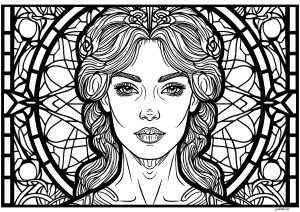 Woman's Face In An Art Deco Stained Glass Window