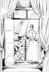 Printable Art Deco Coloring Page for adults : Art-deco-balcony-over-the-sea-by-jean-emile-laboureur