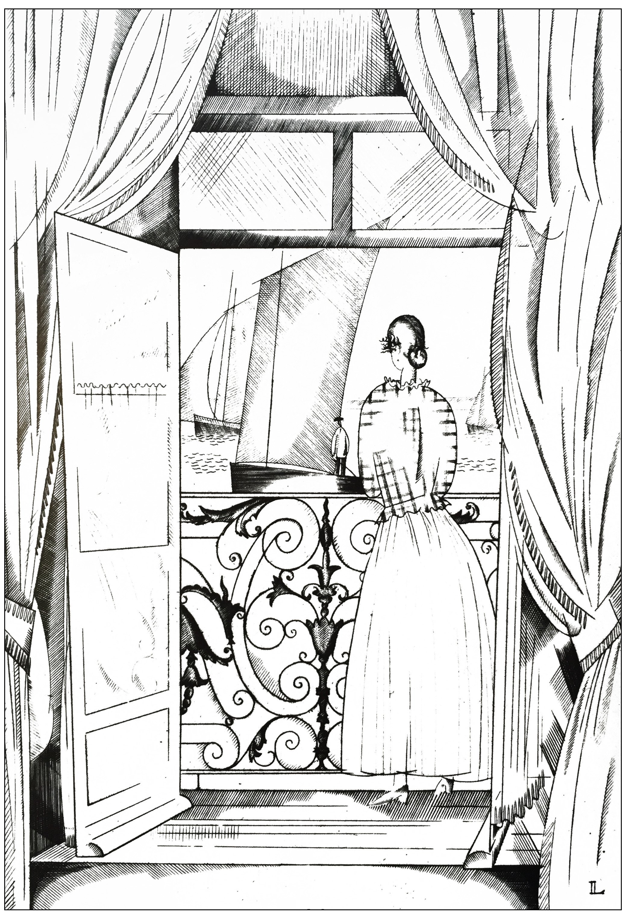 Coloring page created from an Art Deco drawing by Jean-Emile Laboureur : The balcony over the sea (1923)