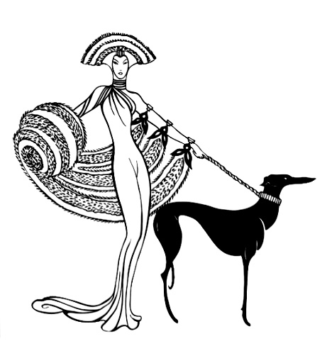 A Art deco drawing of a woman with his dog