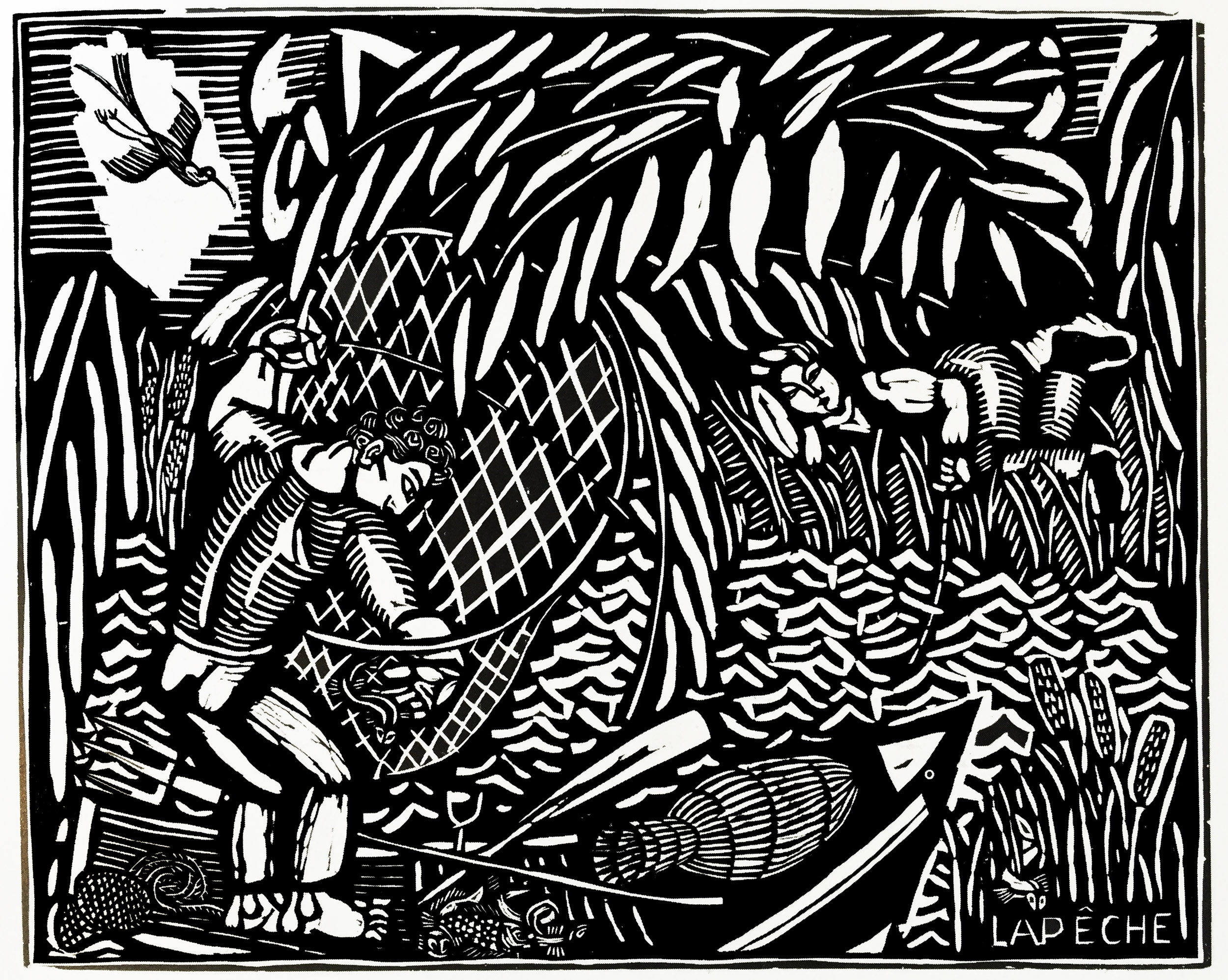 Coloring page created from an Art Deco engraving by Raoul Dufy : Fishing (1910)