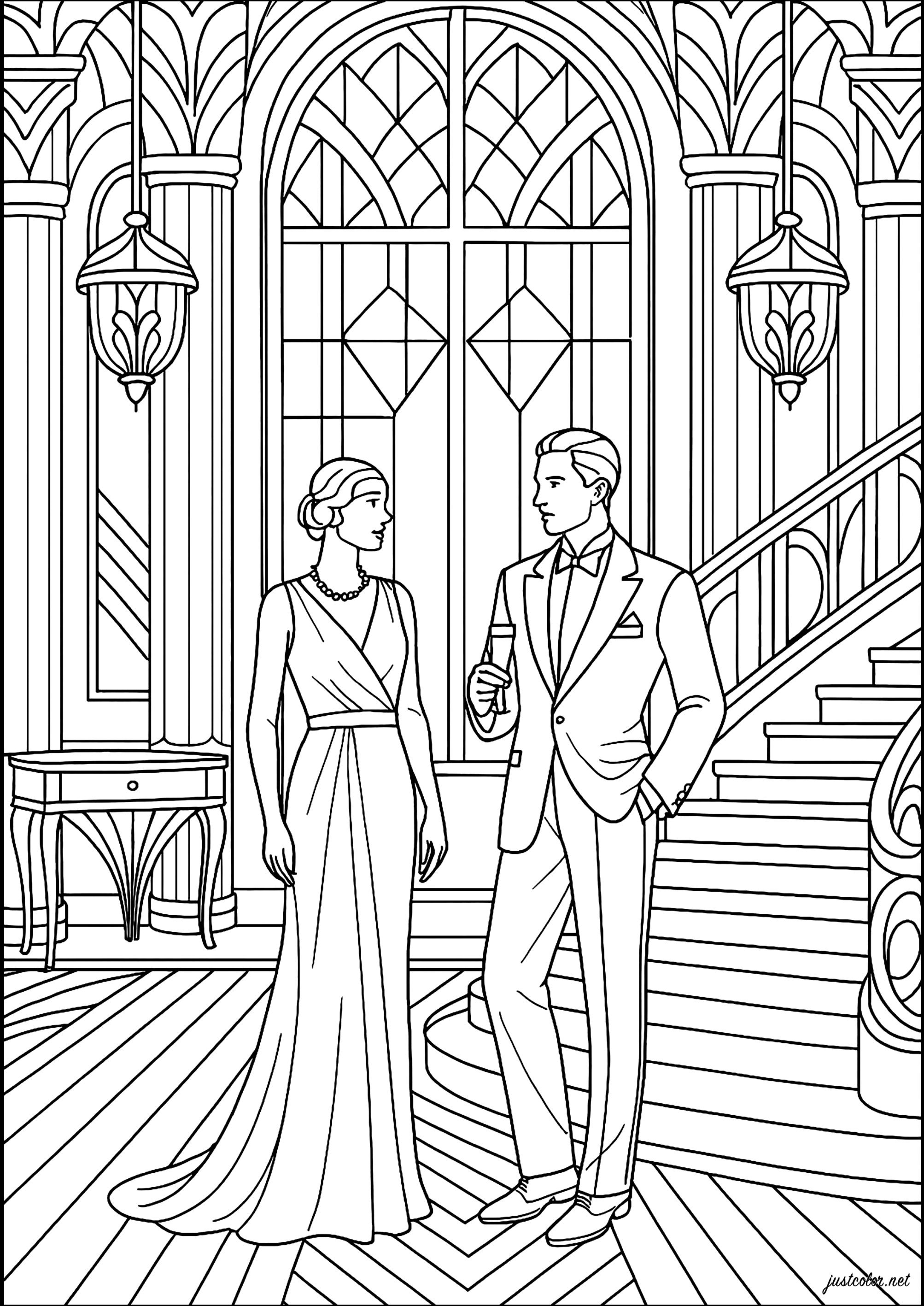 Elegant gathering in a majestic hall (Printable Art Deco Coloring Page for adults)