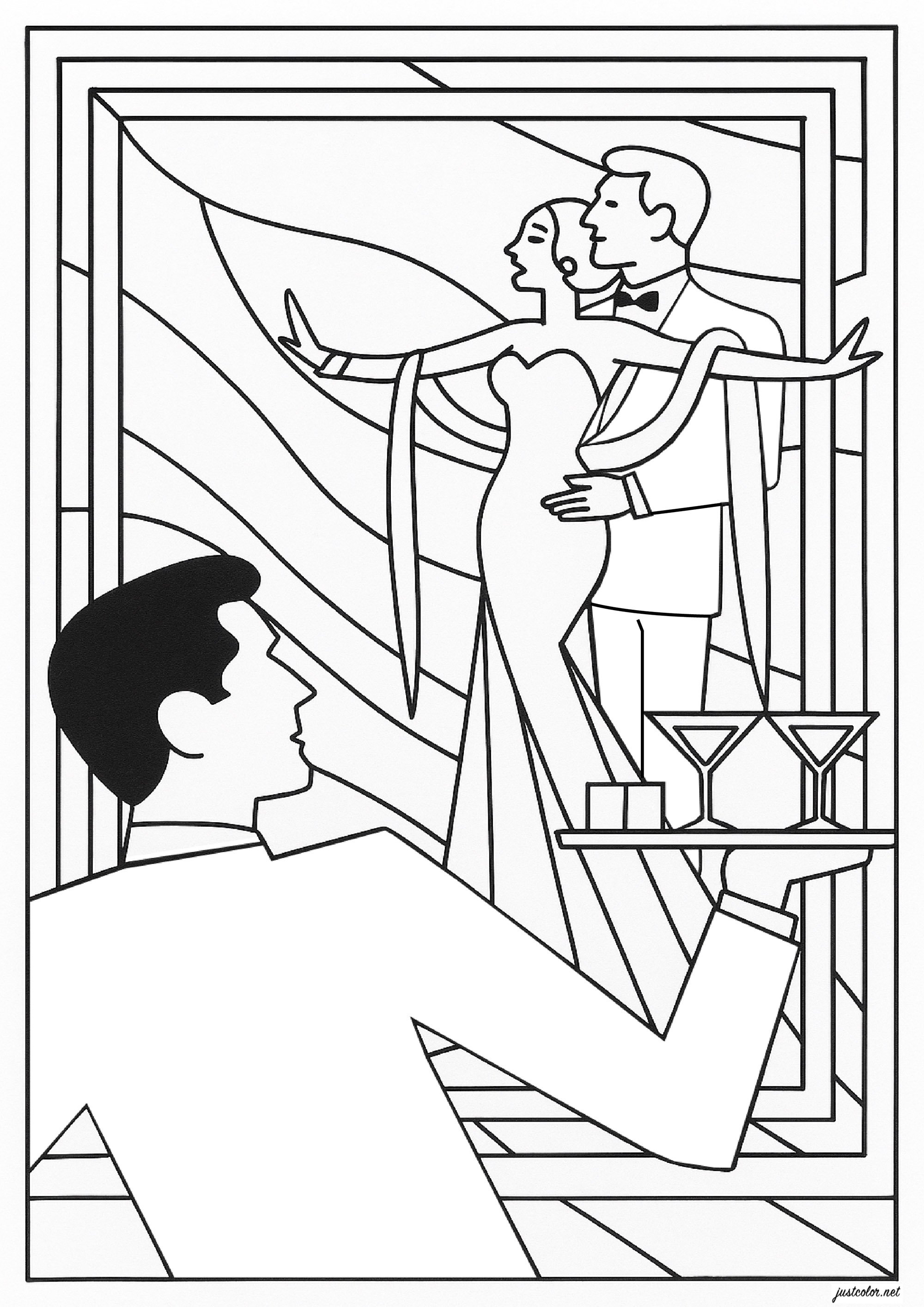 Elegant evening at the Art Déco Palace (Printable Coloring Page for adults)