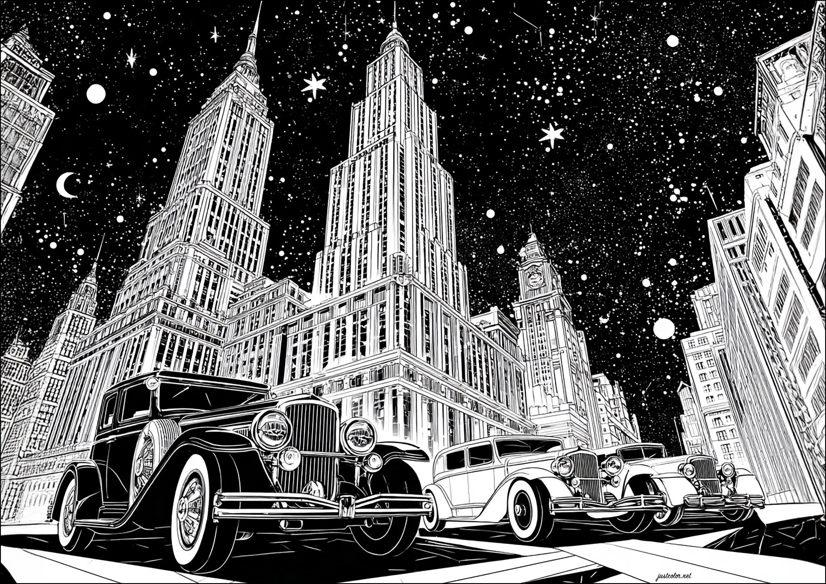 City of 1930s buildings (Printable Art Deco Coloring Page for adults)