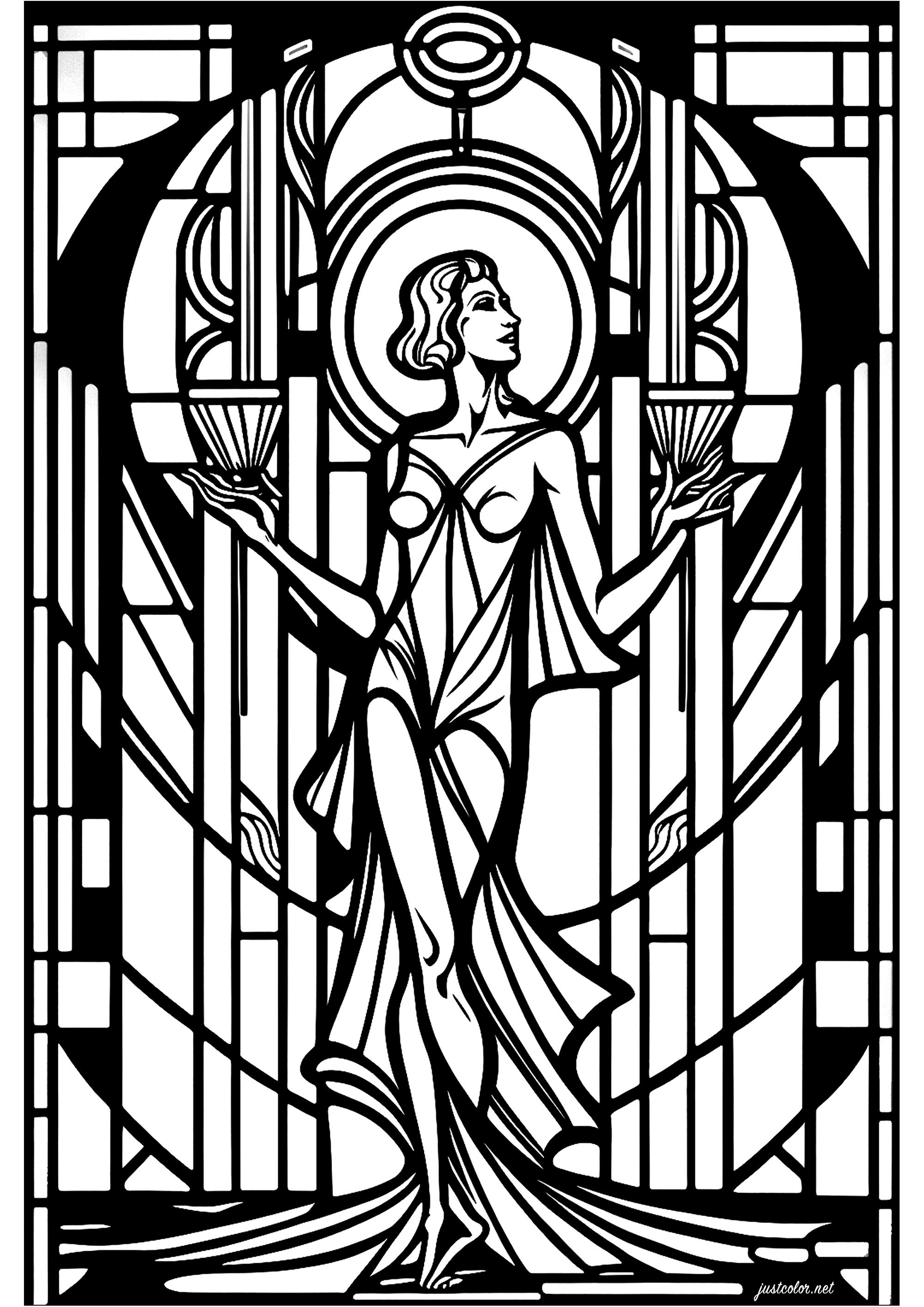 An Art Deco stained glass window depicting an elegant woman. This coloring page shows a woman in Art Deco style, as you might see her in a stained-glass window. She's shown in an elegant pose, the details are numerous and precise, and the result is very beautiful. Thick lines and geometric shapes are used to create a stained-glass effect.