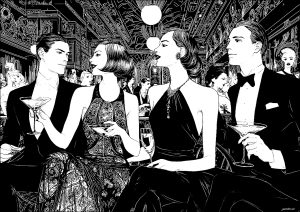 Two young men and women in costume (Art Deco Coloring Page)