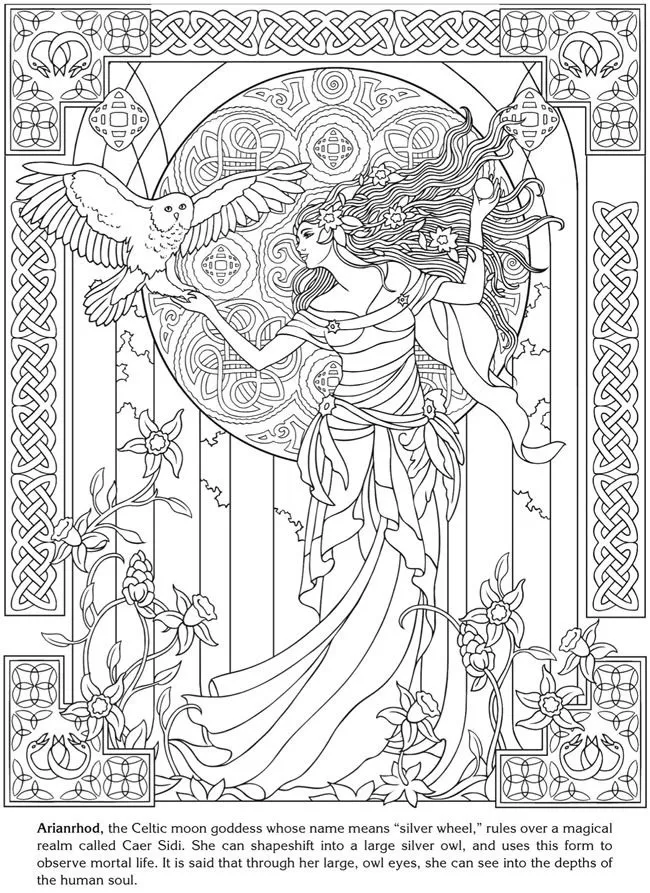 Arianrhod celtic goddess (Printable Art Nouveau Coloring Page for adults)