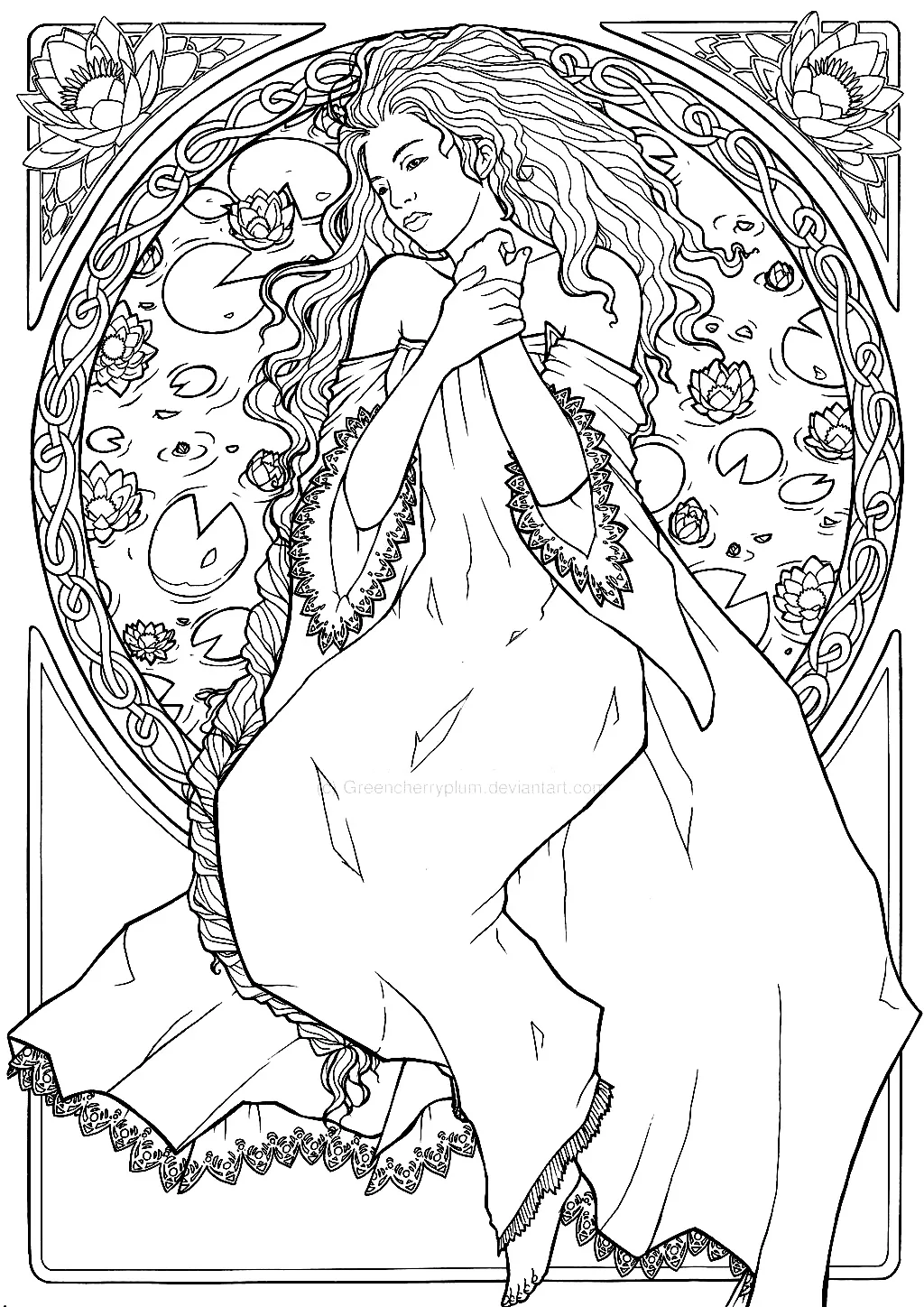Drawing of a woman, in an Art Nouveau-inspired style (Printable Coloring Page for adults)