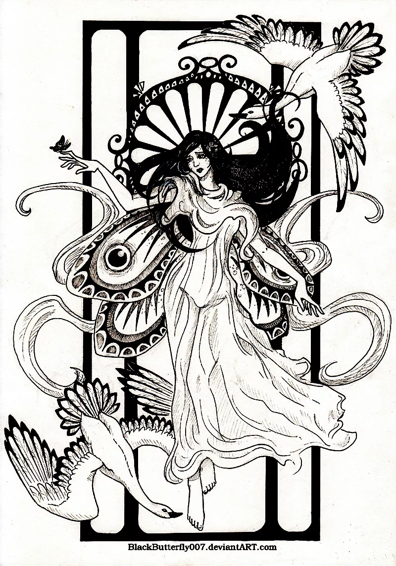 Women and geese (Printable Art Nouveau Coloring Page for adults)
