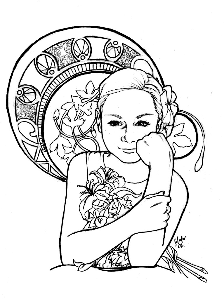 A drawing of a children, with certain elements reminiscent of the Art Nouveau style ... to color with the colors you prefer