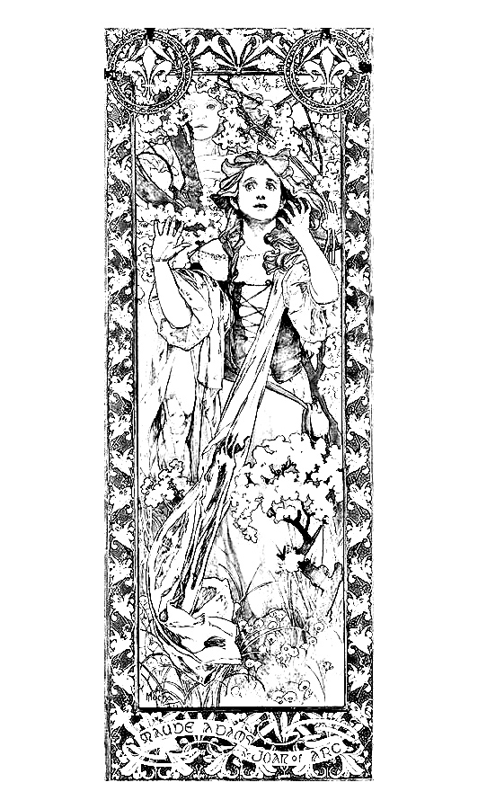 Coloring page inspired by 'Maude Adams as Jeanne d'Arc' by Alfons Mucha