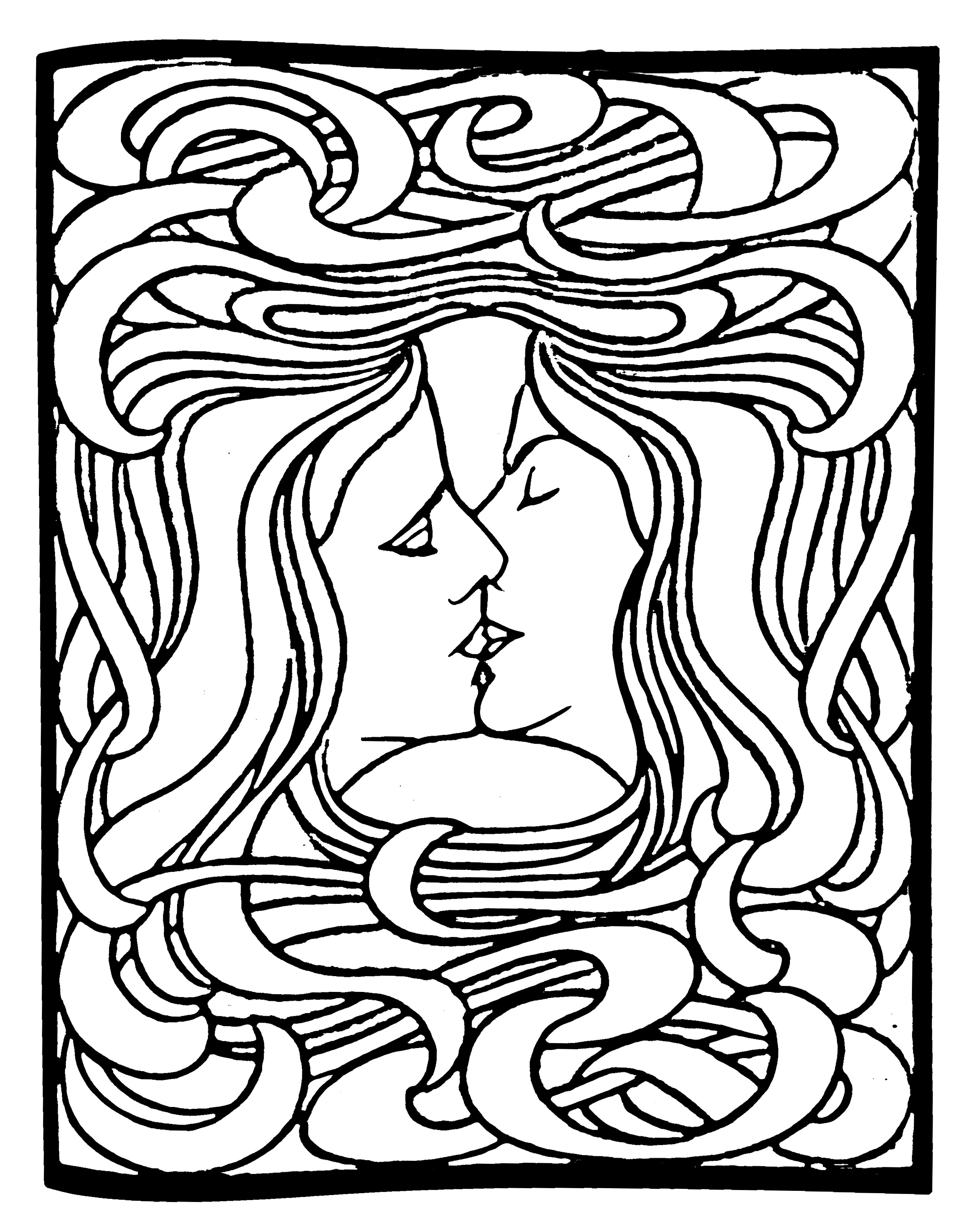 Coloring page from 'Le Baiser' by Peter Behrens (1898). Two women kissing, tangled hair