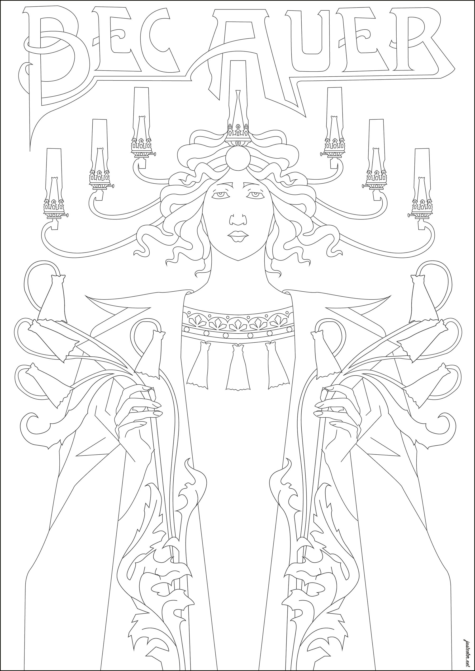 Bec Auer, advertising poster by Alphonse Mucha (Printable Art Nouveau Coloring Page for adults)
