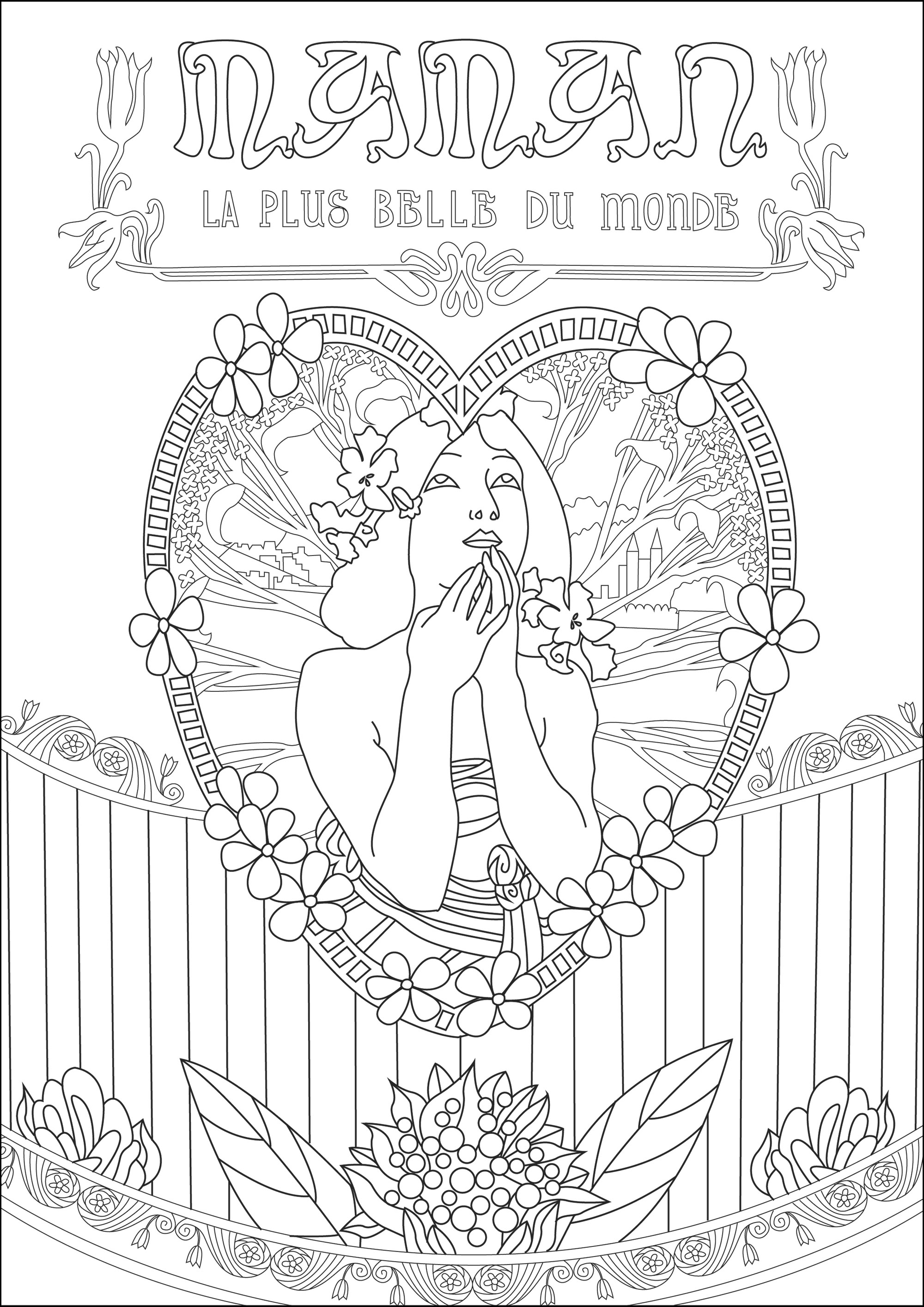 Illustration used for a bottle of Champagne (Printable Art Nouveau Coloring Page for adults)