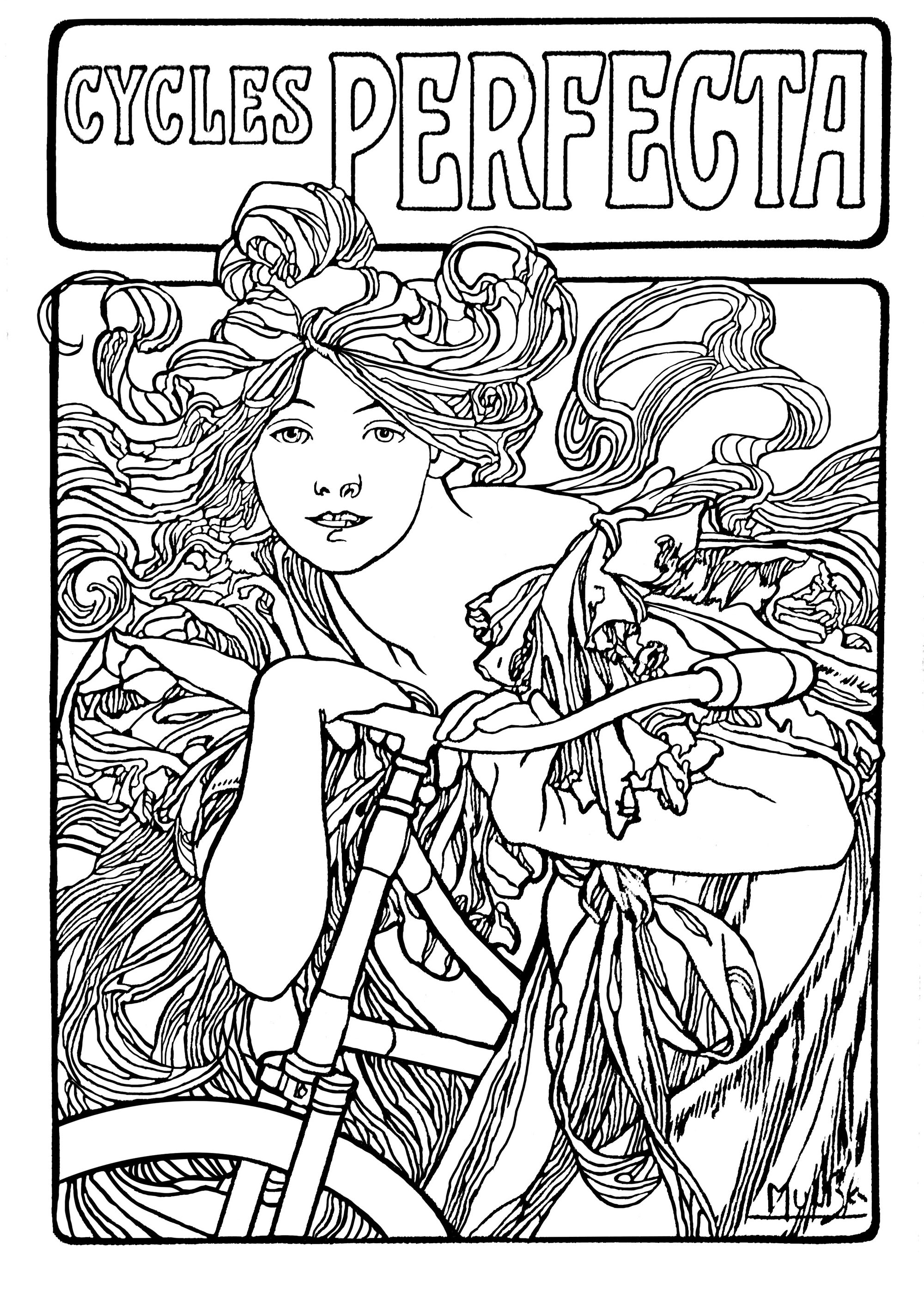 Coloring page created from a poster by Alfons Mucha for the British company Cycles Perfecta (1902), Artist : Olivier