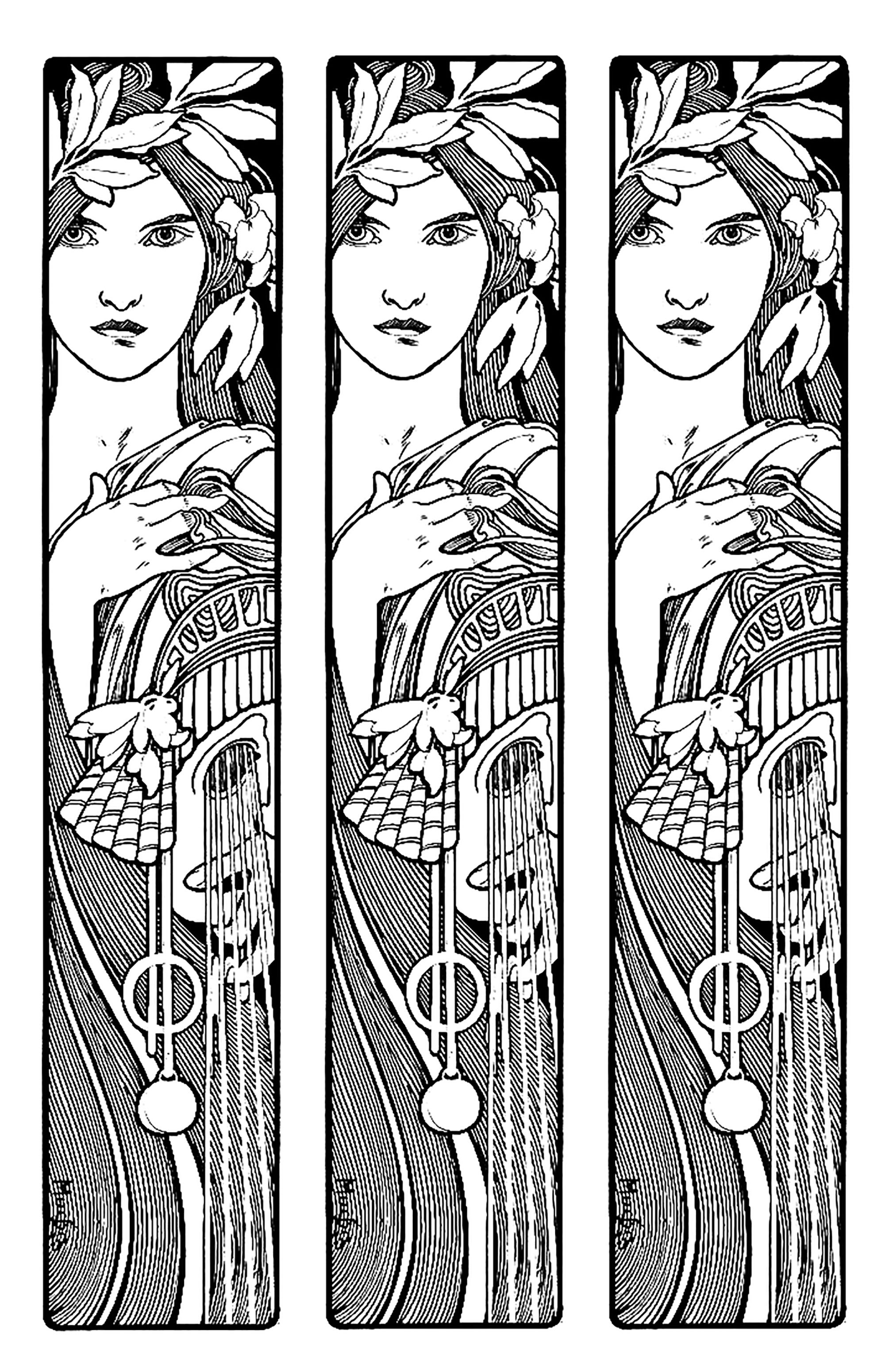 Coloring page adult mucha triptych