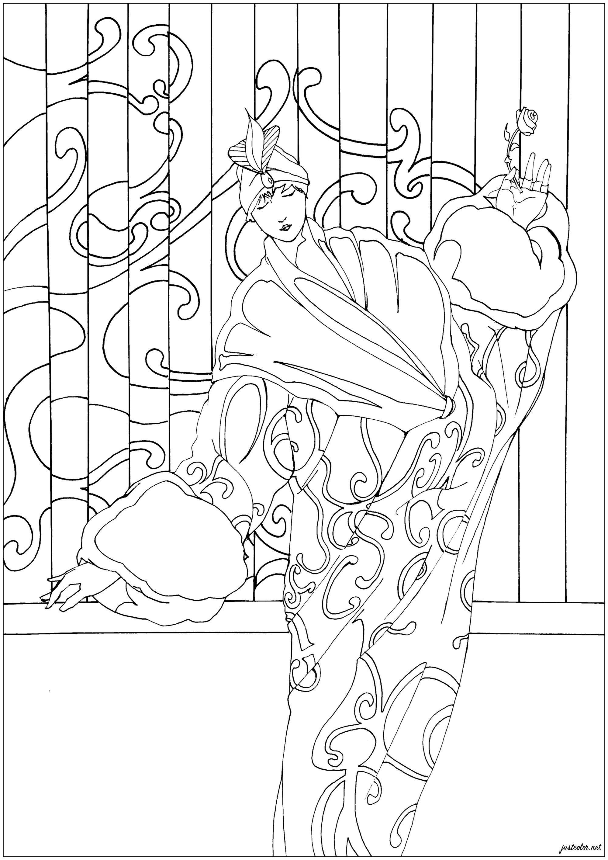 Coloring page inspired by an Art Nouveau illustration representing an elegantly dressed woman, Artist : Amine