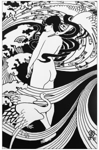 Drawing by Robert Burns (1891) with a naked woman, fishes and birds intertwined in a harmonious and hypnotizing movement (Art Nouveau Coloring Page)