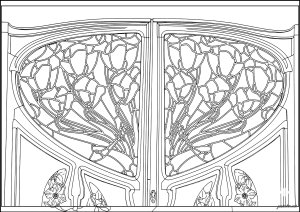 Stained glass with floral motifs and curved lines (Art Nouveau Coloring Page)